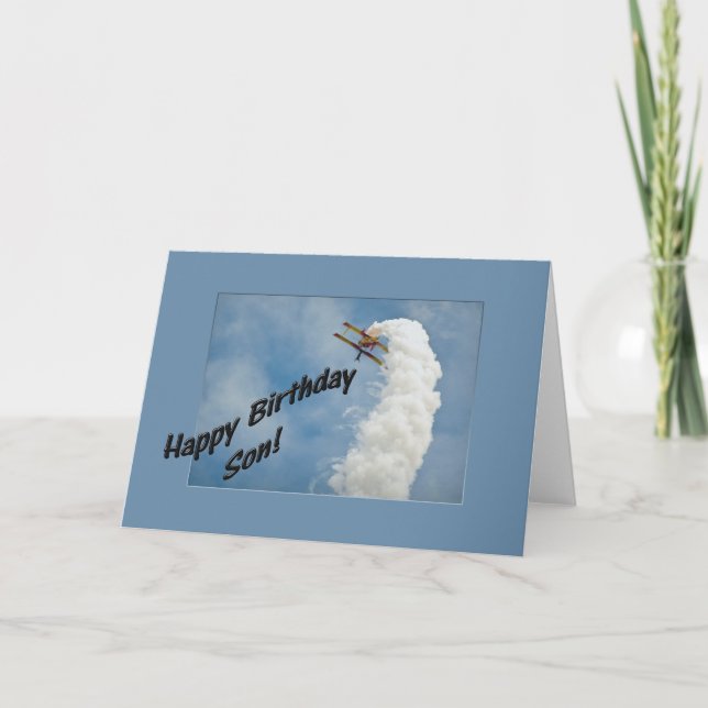 Tarjeta Feliz cumpleaños hijo avión volando al revés (Anverso)
