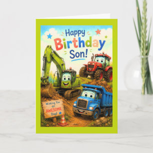 Tarjeta Feliz Cumpleaños Hijo Máquinas de Construcción Cum