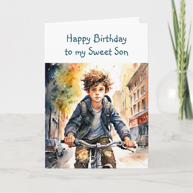 Tarjeta Feliz cumpleaños hijo | Niño en bicicleta en la ci (Anverso)