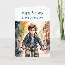 Tarjeta Feliz cumpleaños hijo | Niño en bicicleta en la ci