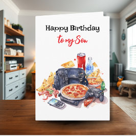 Tarjeta Feliz cumpleaños hijo | Vibes de juegos y pizza