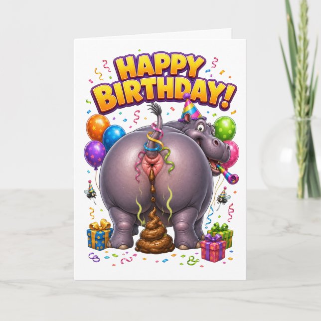 Tarjeta Feliz Cumpleaños Hipopótamo Defecando Divertido (Anverso)