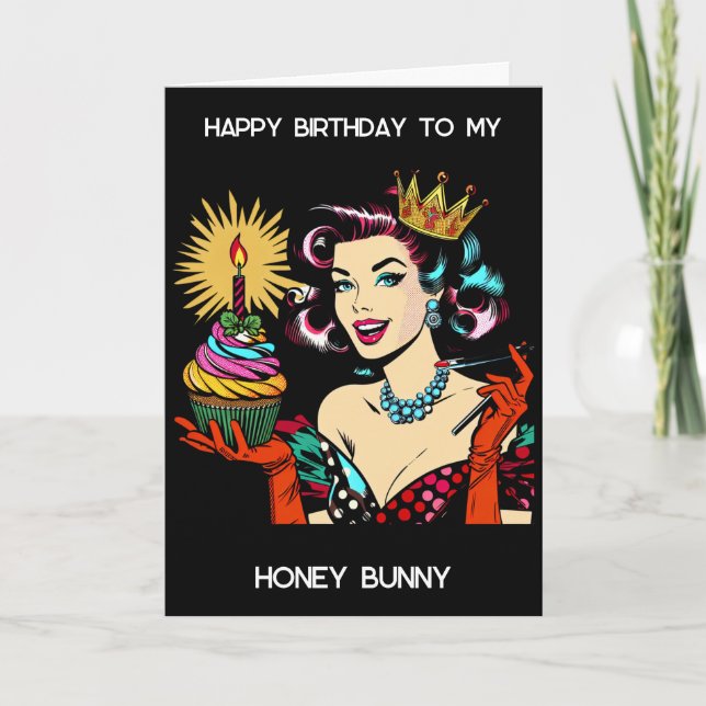 Tarjeta Feliz cumpleaños, Honey Bunny | Dama retro (Anverso)