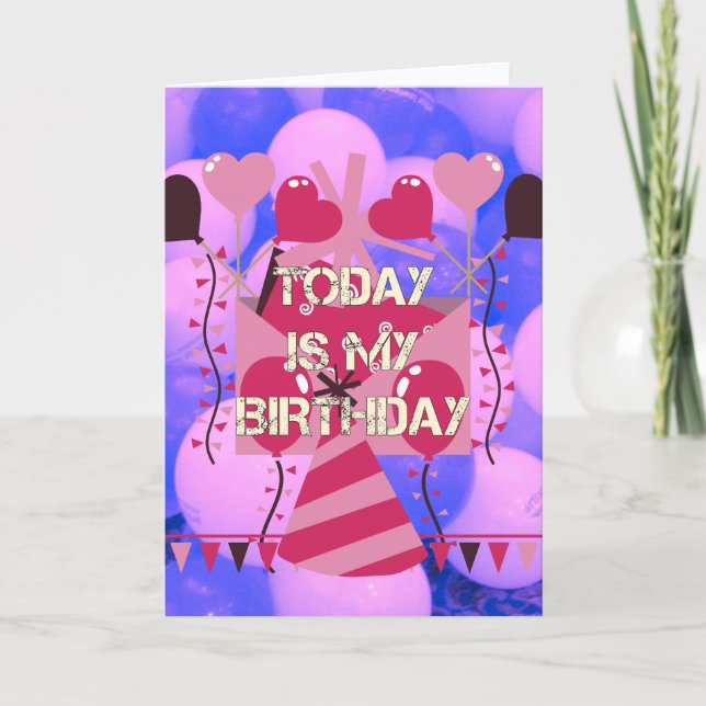 Tarjeta Feliz cumpleaños Hoy es mi cumpleaños, globos azul (Anverso)