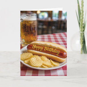 Tarjeta Feliz Cumpleaños Humor de Perro Caliente y Cerveza