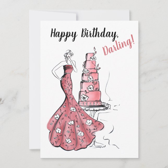 Tarjeta Feliz cumpleaños Ilustracion de moda de pasteles r (Anverso)