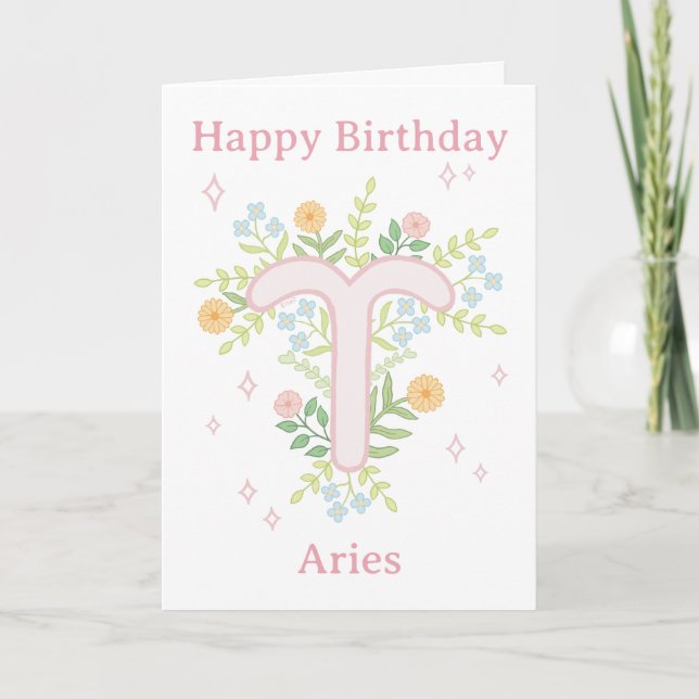 Tarjeta Feliz Cumpleaños Ilustración Floral Aries (Anverso)