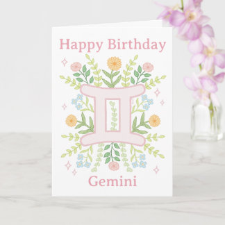 Tarjeta Feliz Cumpleaños Ilustración Floral de Géminis