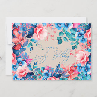 Tarjeta Feliz cumpleaños Jardín Floral Azul Azul Rosa Cham