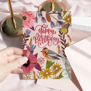 Tarjeta Feliz Cumpleaños Jardín Floral de Pájaros y Maripo