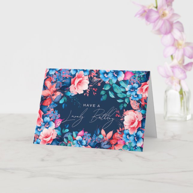 Tarjeta Feliz cumpleaños jardín floral marina rosa azul (Orquídea)