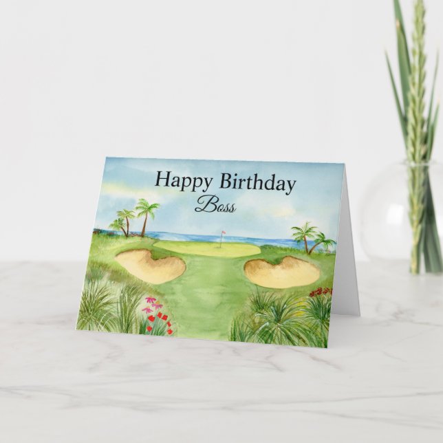 Tarjeta Feliz Cumpleaños Jefe Campo de Golf Tropical (Anverso)