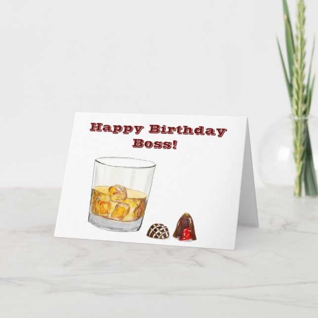 Tarjeta Feliz Cumpleaños Jefe Con Whiskey Y Chocolate (Anverso)