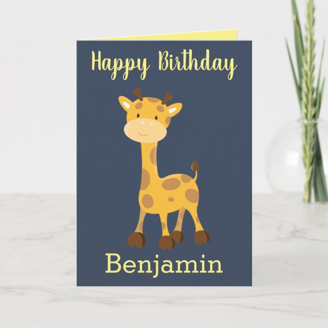 Tarjeta Feliz cumpleaños jirafa niño pequeño (Anverso)