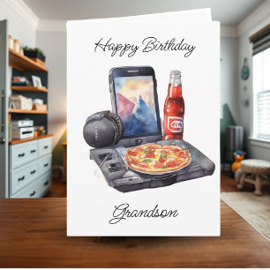 Tarjeta Feliz cumpleaños, juegos de nietos y pizza
