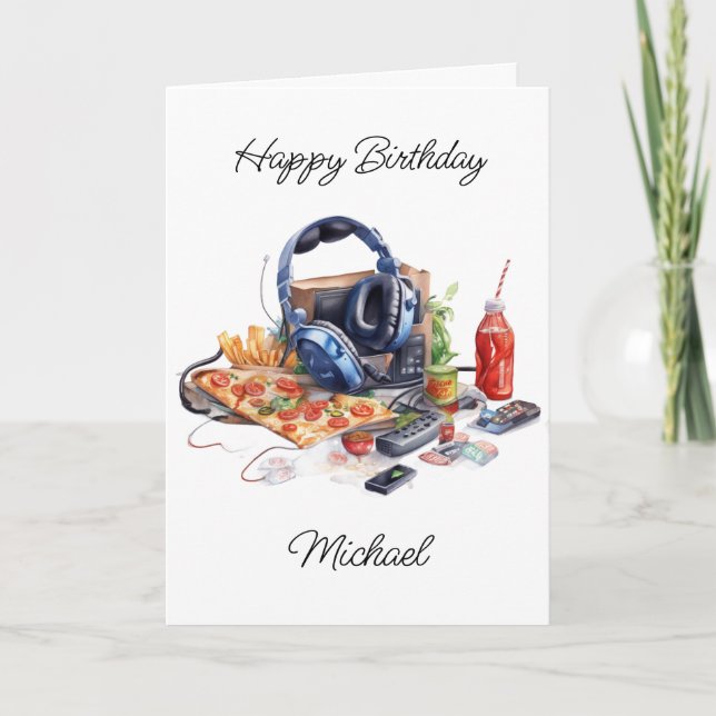 Tarjeta Feliz cumpleaños, juegos personalizados y pizza (Anverso)