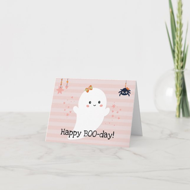 Tarjeta Feliz cumpleaños Kawaii Fantasma Rosa Halloween (Anverso)