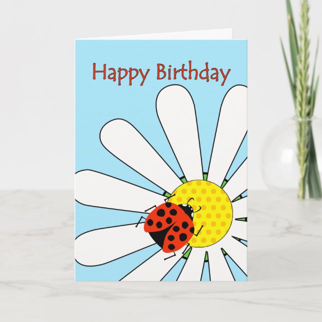 Tarjeta Feliz cumpleaños, Ladybug en la flor blanca de mar (Anverso)