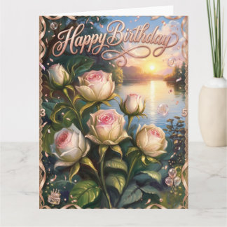 Tarjeta Feliz Cumpleaños Lago al Atardecer con Rosas