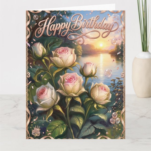 Tarjeta Feliz Cumpleaños Lago al Atardecer con Rosas (Anverso)