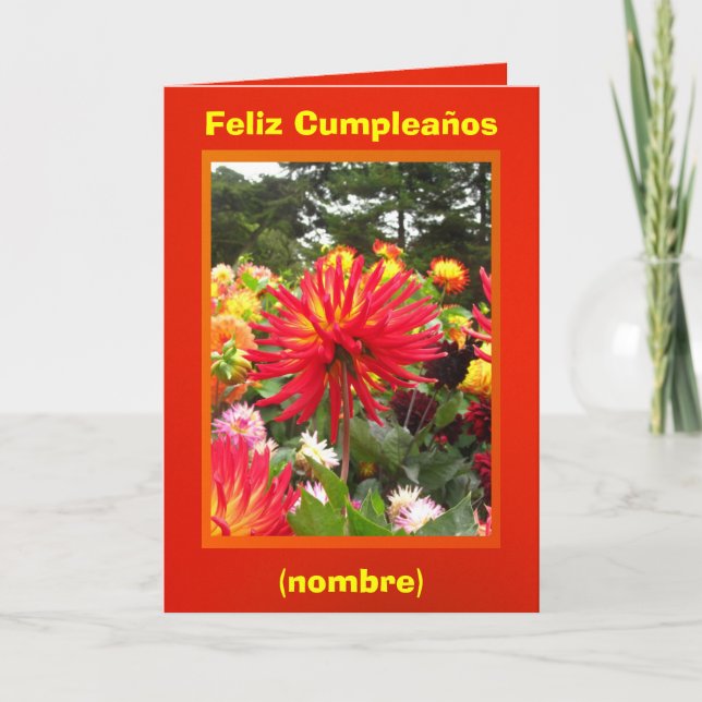 Tarjeta Feliz cumpleaños - Las Dalias Rojas y Amarillas (Anverso)