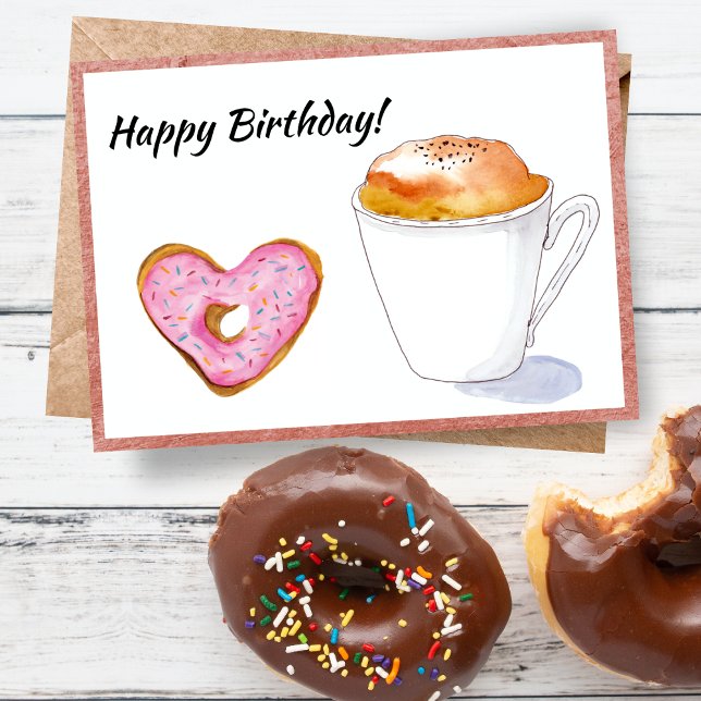 Tarjeta Feliz Cumpleaños Latte de Donut Rosa (A donut with a Cappuccino is all you need to wish someone a Happy Birthday!)