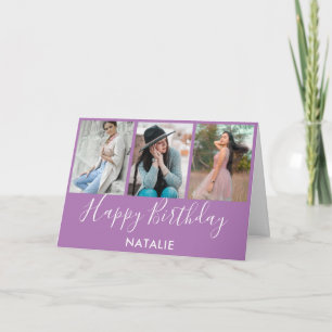 Tarjeta Feliz cumpleaños Lavanda y Collage de fotos blanco