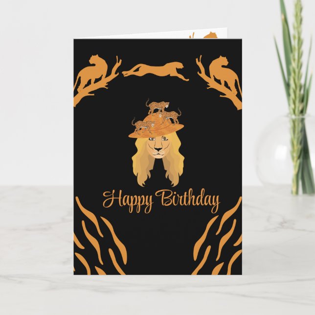Tarjeta feliz cumpleaños león gorra negro y oro (Anverso)