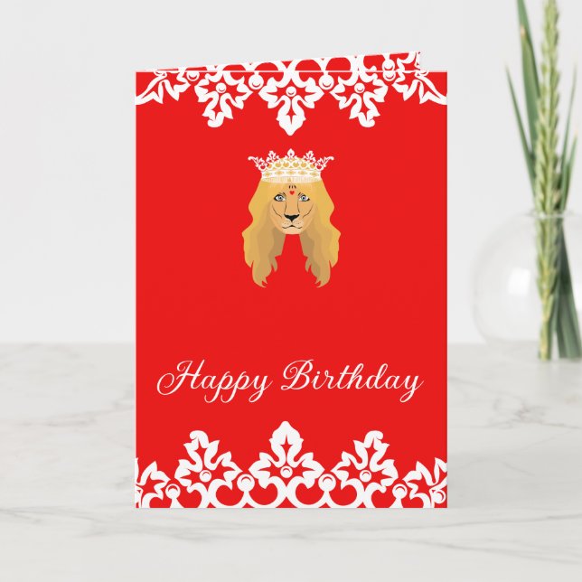 Tarjeta feliz cumpleaños león rey corona blanca (Anverso)