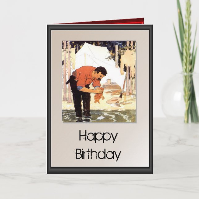 Tarjeta Feliz cumpleaños - Limpieza de un pez para la cena (Anverso)