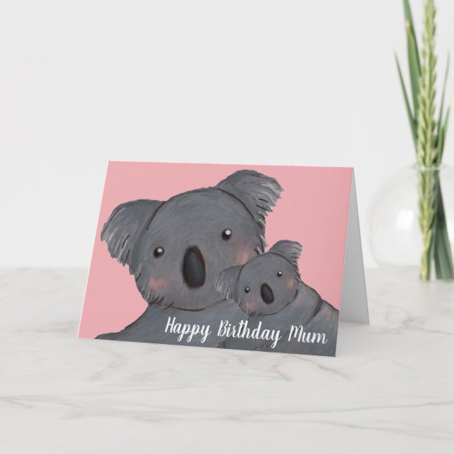 Tarjeta Feliz cumpleaños, linda madre koala y bebé (Anverso)