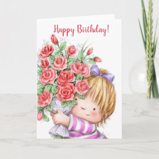 Tarjeta Feliz cumpleaños, lindo chica con ramas de flores (Anverso)