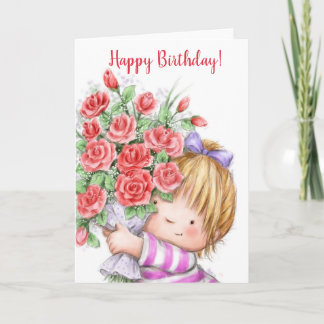Tarjeta Feliz cumpleaños, lindo chica con ramas de flores
