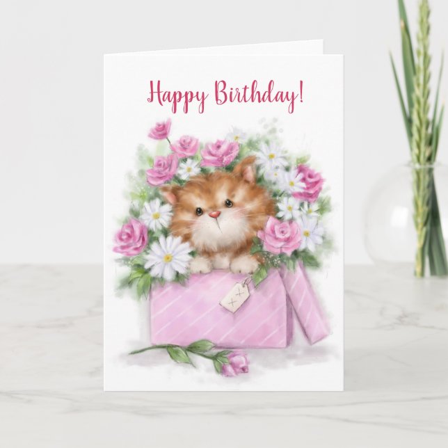 Tarjeta Feliz cumpleaños, lindo gato en caja de flores (Anverso)