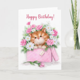 Tarjeta Feliz cumpleaños, lindo gato en caja de flores