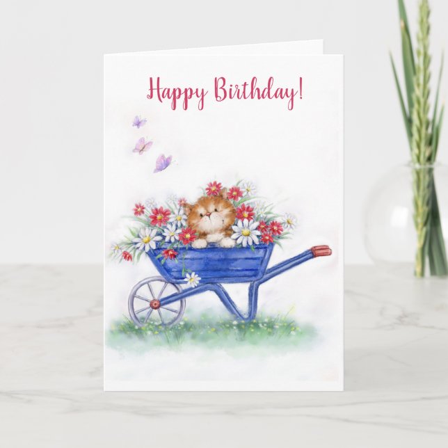 Tarjeta Feliz cumpleaños, lindo gato en carretilla (Anverso)