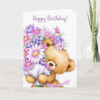 Tarjeta Feliz cumpleaños, lindo oso con hermosas flores