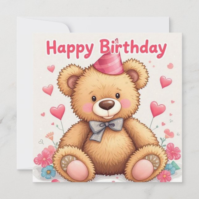Tarjeta Feliz cumpleaños lindo oso de peluche con corazón  (Anverso)
