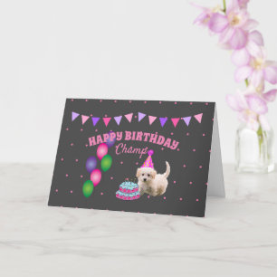 Tarjeta Feliz cumpleaños lindo perro con puntos de polka d