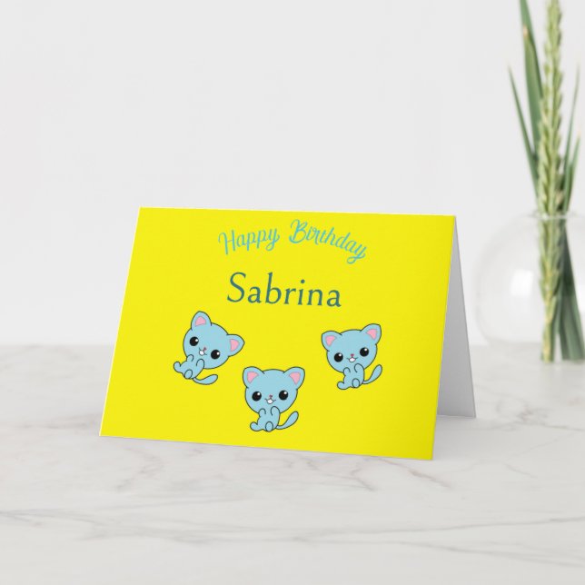 Tarjeta Feliz cumpleaños lindos gatitos azules amarillos (Anverso)