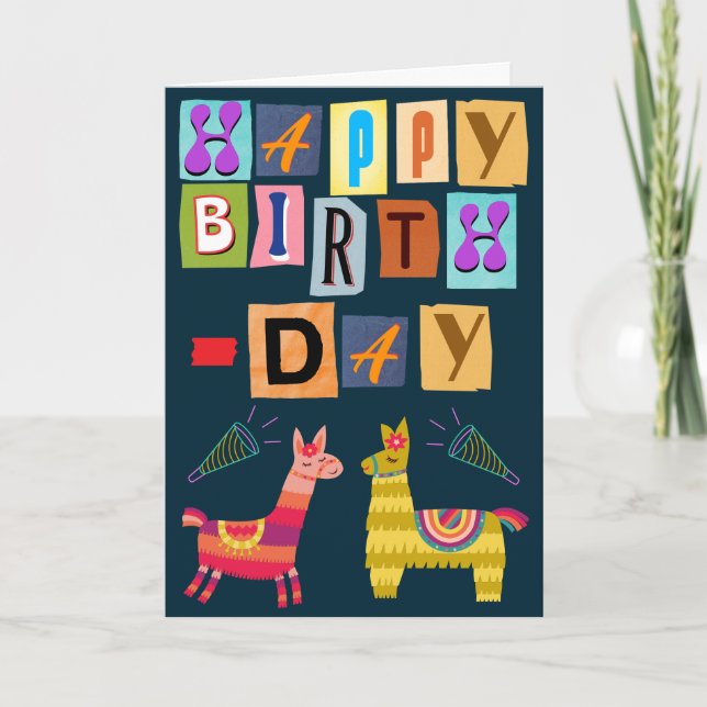 Tarjeta Feliz cumpleaños Llama Retro Letras de Papel (Anverso)