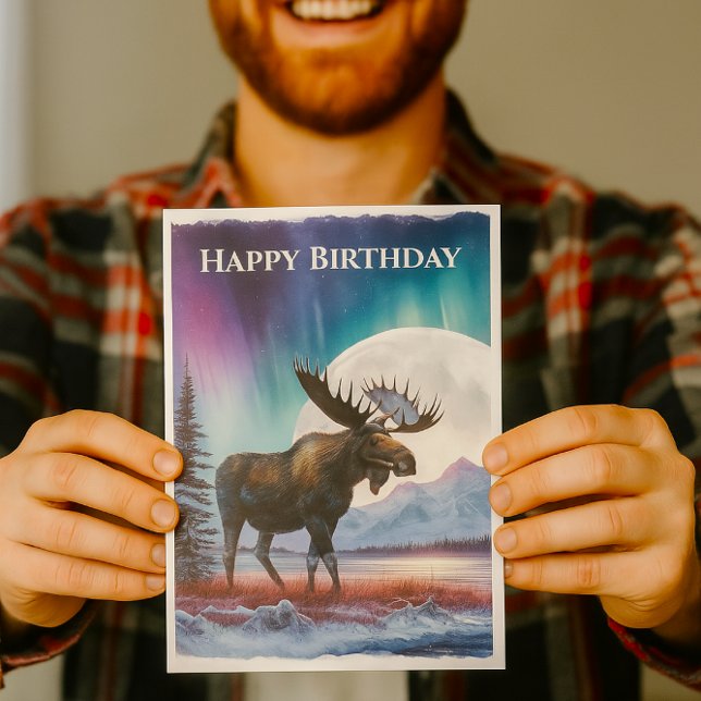 Tarjeta Feliz Cumpleaños Luces del Norte Alce Alaska (Watercolor Wildlife Bull Moose Birthday Card for him )