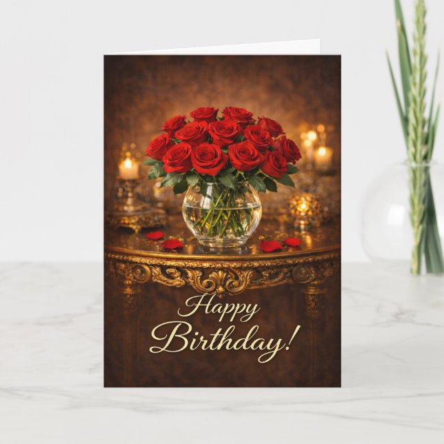 Tarjeta Feliz Cumpleaños Luz de Velas de Rosa Roja (Anverso)