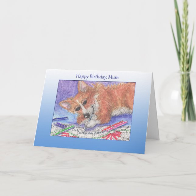 Tarjeta Feliz cumpleaños, Mamá, Corgi perro y libro de col (Anverso)