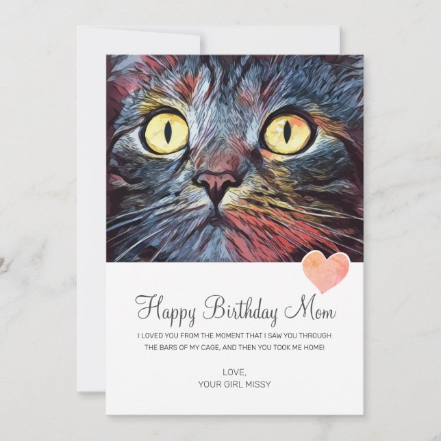 Tarjeta Feliz cumpleaños, mamá de un gato de rescate (Anverso)