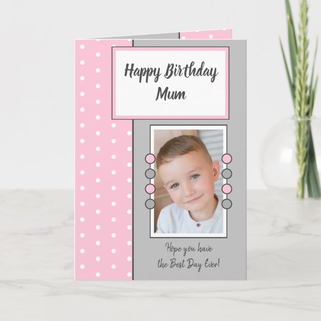 Tarjeta Feliz cumpleaños Mamá foto rosa y gris (Anverso)