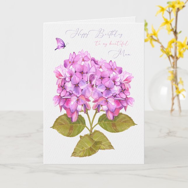 Tarjeta Feliz cumpleaños mamá Hydrangeas y mariposa (flor amarilla)