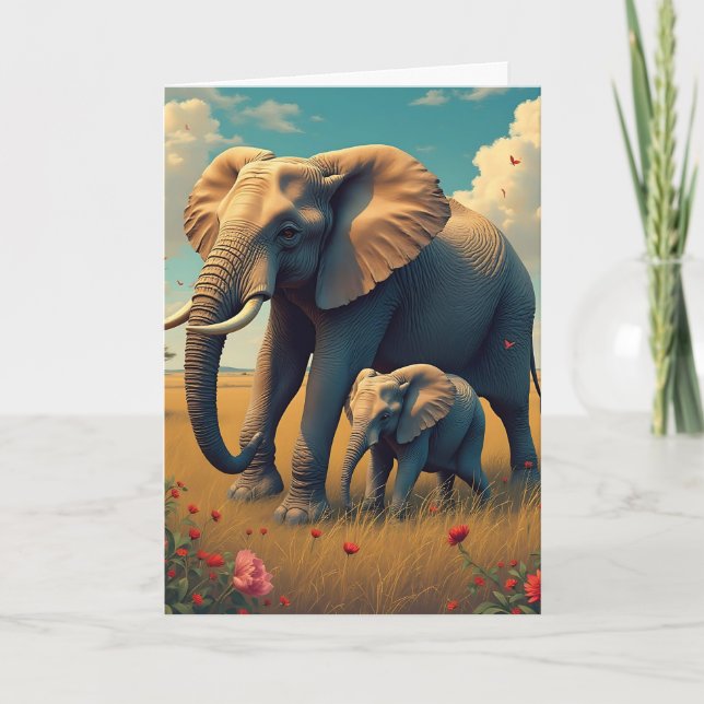 Tarjeta Feliz cumpleaños, mamá | Mama y Baby Elephant (Anverso)