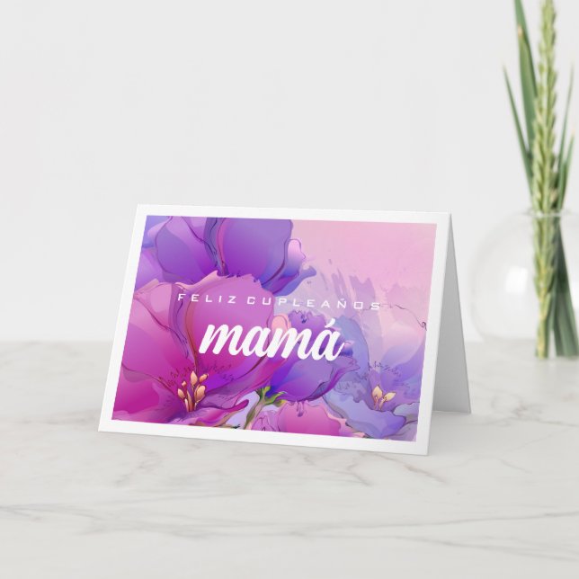 Tarjeta Feliz cumpleaños mamá. Pintura de flores acuáticas (Anverso)