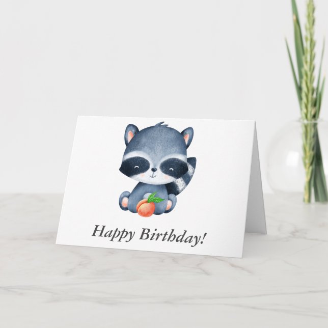 Tarjeta Feliz Cumpleaños Mapache Bebé Acuarela con Melocot (Anverso)